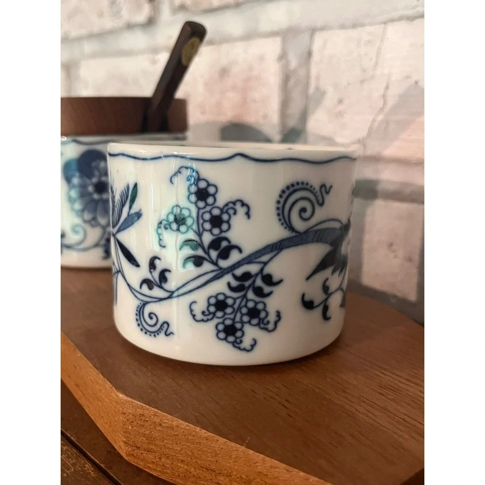 Blue Danube Blue Onion Ceramic Jars blue floral patterns, wooden lid/spoon/tray